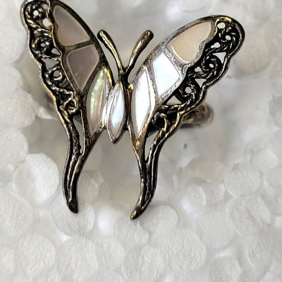 Silver and MOP Butterfly Ring 925 Sterling Silver, Butterfly Filigree Size 5.25 - Picture 9 of 15